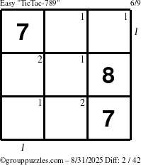 The grouppuzzles.com Easy TicTac-789 puzzle for Sunday August 31, 2025 with all 2 steps marked