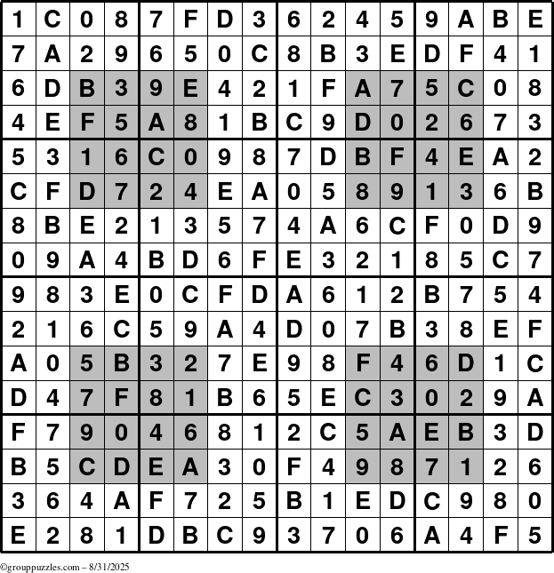 The grouppuzzles.com Answer grid for the HyperSudoku-16 puzzle for Sunday August 31, 2025