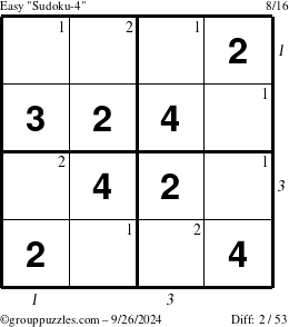 The grouppuzzles.com Easy Sudoku-4 puzzle for Thursday September 26, 2024 with all 2 steps marked