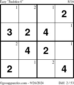 The grouppuzzles.com Easy Sudoku-4 puzzle for Thursday September 26, 2024 with the first 2 steps marked