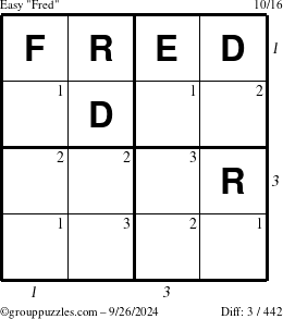 The grouppuzzles.com Easy Fred puzzle for Thursday September 26, 2024 with all 3 steps marked