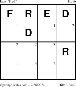 The grouppuzzles.com Easy Fred puzzle for Thursday September 26, 2024 with the first 3 steps marked