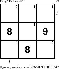 The grouppuzzles.com Easy TicTac-789 puzzle for Thursday September 26, 2024 with all 2 steps marked