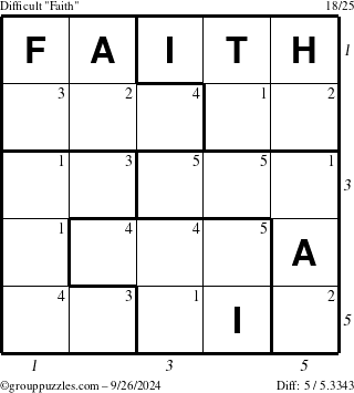 The grouppuzzles.com Difficult Faith puzzle for Thursday September 26, 2024, suitable for printing, with all 5 steps marked