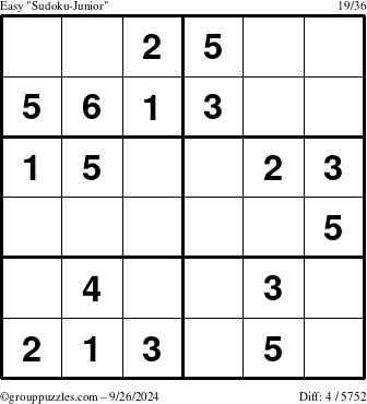 The grouppuzzles.com Easy Sudoku-Junior puzzle for Thursday September 26, 2024