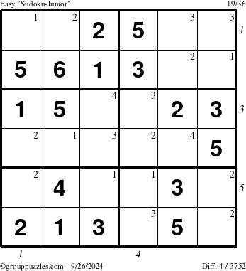 The grouppuzzles.com Easy Sudoku-Junior puzzle for Thursday September 26, 2024 with all 4 steps marked