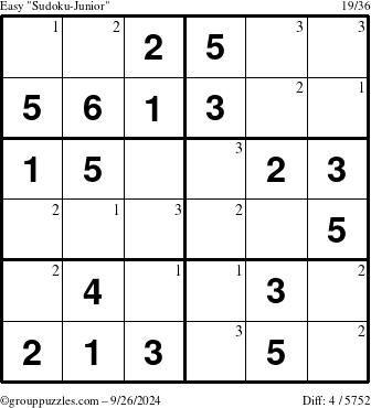 The grouppuzzles.com Easy Sudoku-Junior puzzle for Thursday September 26, 2024 with the first 3 steps marked