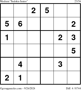 The grouppuzzles.com Medium Sudoku-Junior puzzle for Thursday September 26, 2024