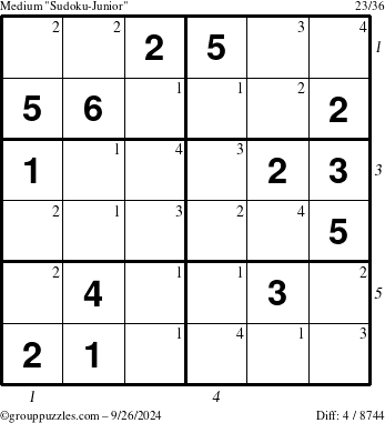 The grouppuzzles.com Medium Sudoku-Junior puzzle for Thursday September 26, 2024, suitable for printing, with all 4 steps marked