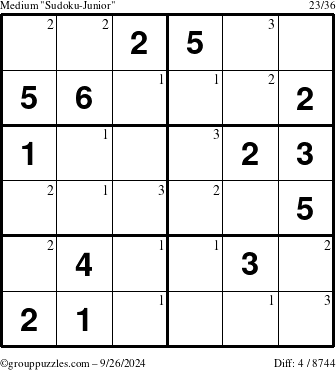 The grouppuzzles.com Medium Sudoku-Junior puzzle for Thursday September 26, 2024 with the first 3 steps marked