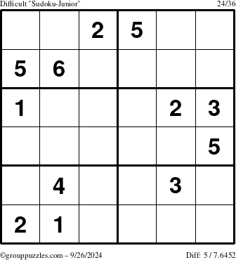 The grouppuzzles.com Difficult Sudoku-Junior puzzle for Thursday September 26, 2024