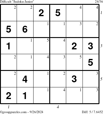 The grouppuzzles.com Difficult Sudoku-Junior puzzle for Thursday September 26, 2024 with all 5 steps marked