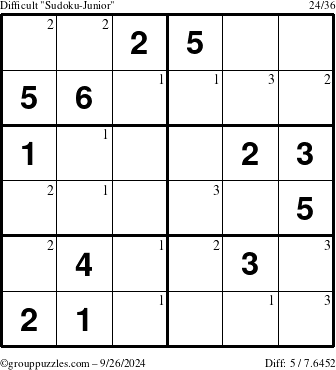 The grouppuzzles.com Difficult Sudoku-Junior puzzle for Thursday September 26, 2024 with the first 3 steps marked