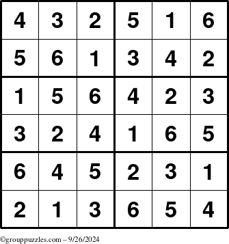 The grouppuzzles.com Answer grid for the Sudoku-Junior puzzle for Thursday September 26, 2024