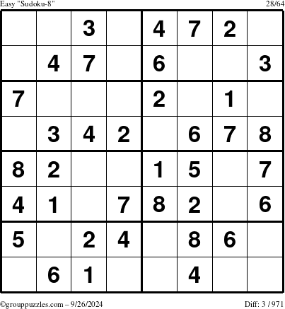 The grouppuzzles.com Easy Sudoku-8 puzzle for Thursday September 26, 2024