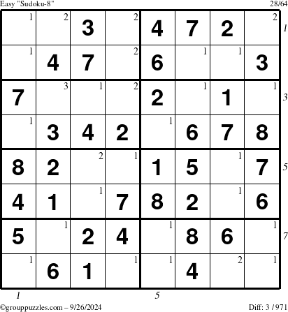 The grouppuzzles.com Easy Sudoku-8 puzzle for Thursday September 26, 2024, suitable for printing, with all 3 steps marked