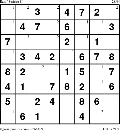 The grouppuzzles.com Easy Sudoku-8 puzzle for Thursday September 26, 2024 with the first 3 steps marked