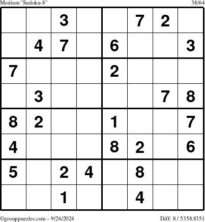 The grouppuzzles.com Medium Sudoku-8 puzzle for Thursday September 26, 2024