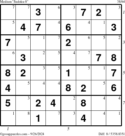 The grouppuzzles.com Medium Sudoku-8 puzzle for Thursday September 26, 2024 with all 8 steps marked