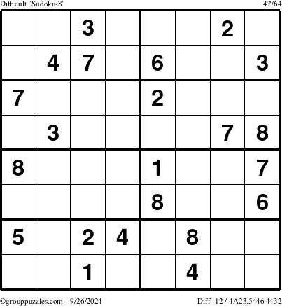 The grouppuzzles.com Difficult Sudoku-8 puzzle for Thursday September 26, 2024