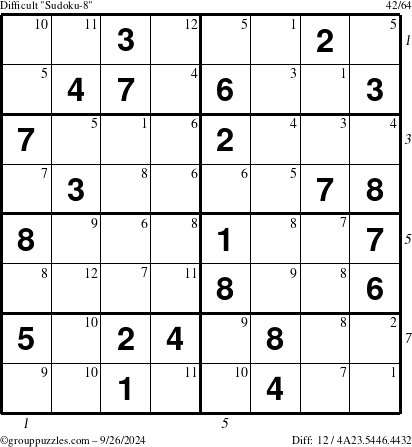 The grouppuzzles.com Difficult Sudoku-8 puzzle for Thursday September 26, 2024 with all 12 steps marked