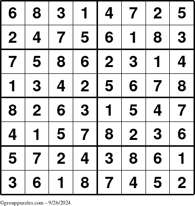 The grouppuzzles.com Answer grid for the Sudoku-8 puzzle for Thursday September 26, 2024