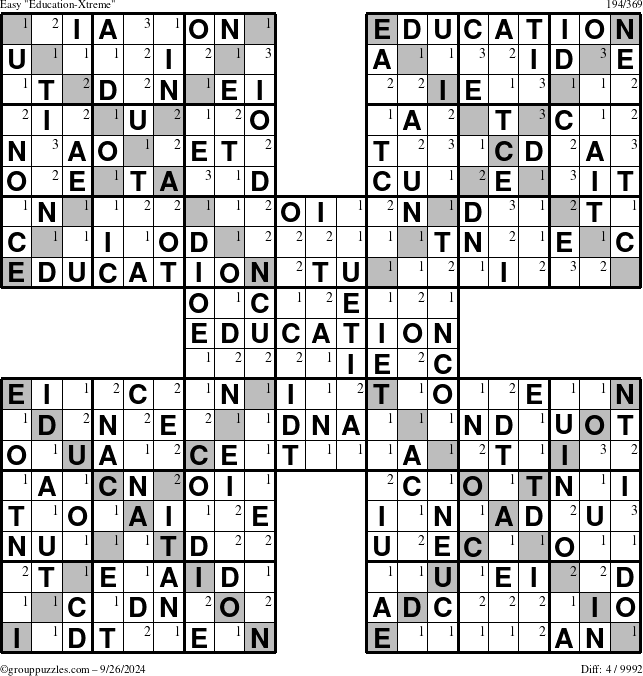 The grouppuzzles.com Easy Education-Xtreme puzzle for Thursday September 26, 2024 with the first 3 steps marked