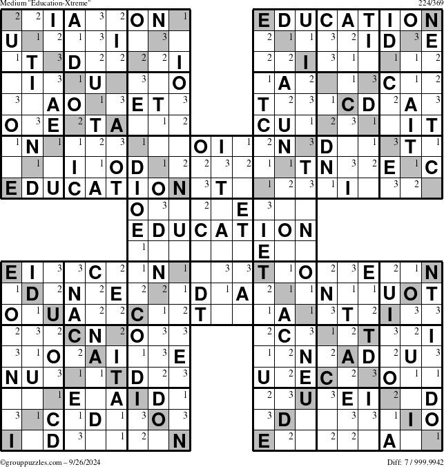 The grouppuzzles.com Medium Education-Xtreme puzzle for Thursday September 26, 2024 with the first 3 steps marked