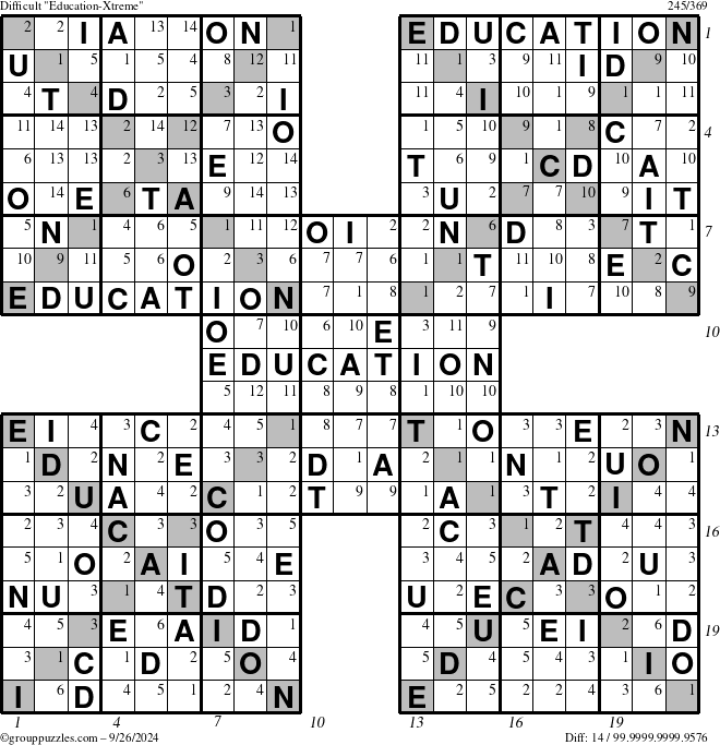 The grouppuzzles.com Difficult Education-Xtreme puzzle for Thursday September 26, 2024 with all 14 steps marked