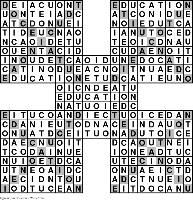 The grouppuzzles.com Answer grid for the Education-Xtreme puzzle for Thursday September 26, 2024