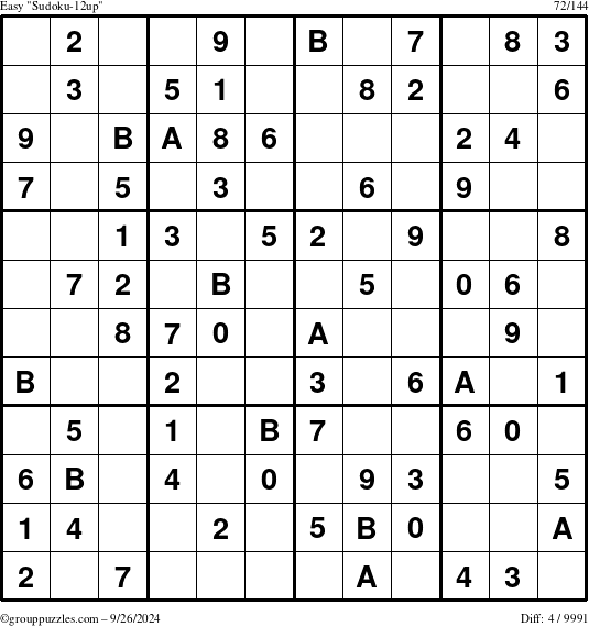 The grouppuzzles.com Easy Sudoku-12up puzzle for Thursday September 26, 2024