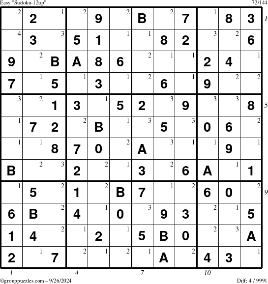 The grouppuzzles.com Easy Sudoku-12up puzzle for Thursday September 26, 2024, suitable for printing, with all 4 steps marked