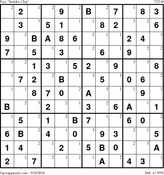 The grouppuzzles.com Easy Sudoku-12up puzzle for Thursday September 26, 2024 with the first 3 steps marked