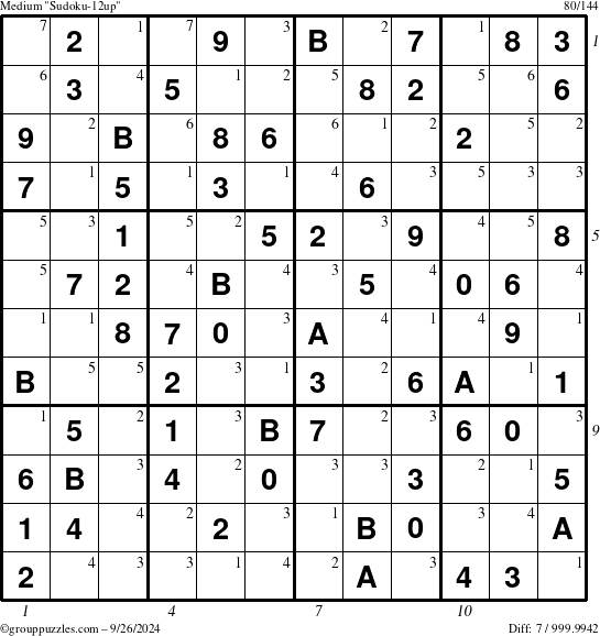 The grouppuzzles.com Medium Sudoku-12up puzzle for Thursday September 26, 2024, suitable for printing, with all 7 steps marked