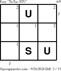 The grouppuzzles.com Easy TicTac-STU puzzle for Thursday September 26, 2024, suitable for printing, with all 2 steps marked