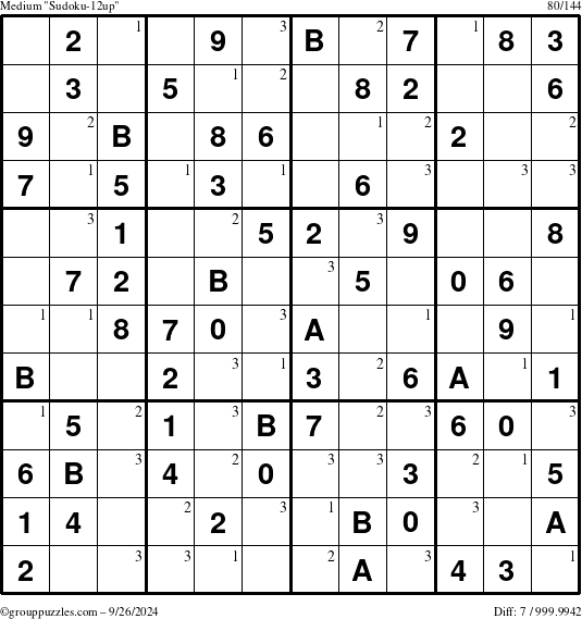 The grouppuzzles.com Medium Sudoku-12up puzzle for Thursday September 26, 2024 with the first 3 steps marked