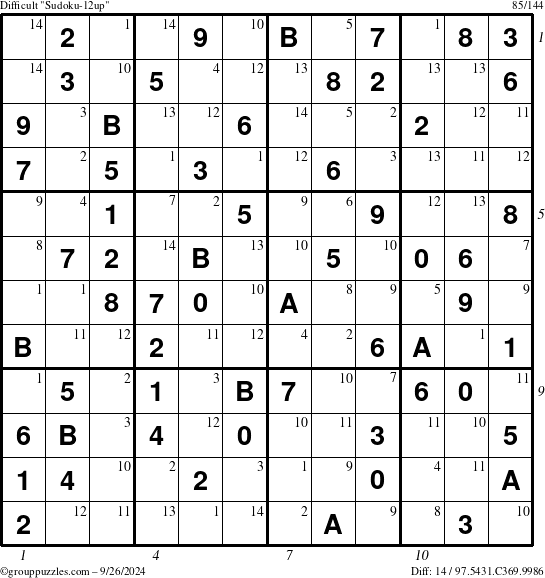 The grouppuzzles.com Difficult Sudoku-12up puzzle for Thursday September 26, 2024 with all 14 steps marked