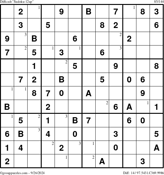 The grouppuzzles.com Difficult Sudoku-12up puzzle for Thursday September 26, 2024 with the first 3 steps marked