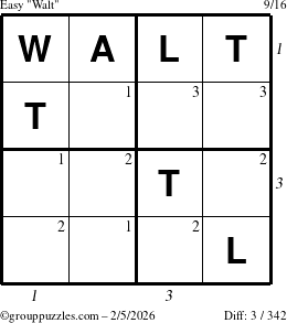 The grouppuzzles.com Easy Walt puzzle for Thursday February 5, 2026 with all 3 steps marked