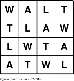 The grouppuzzles.com Answer grid for the Walt puzzle for Thursday February 5, 2026