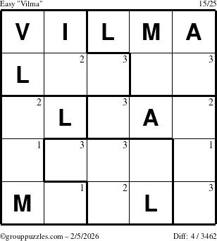 The grouppuzzles.com Easy Vilma puzzle for Thursday February 5, 2026 with the first 3 steps marked