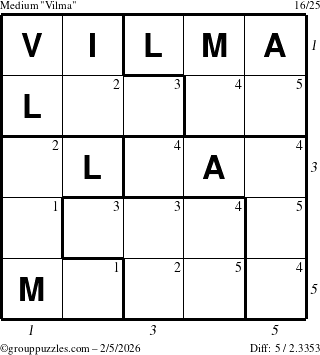 The grouppuzzles.com Medium Vilma puzzle for Thursday February 5, 2026, suitable for printing, with all 5 steps marked