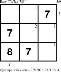The grouppuzzles.com Easy TicTac-789 puzzle for Thursday February 5, 2026, suitable for printing, with all 2 steps marked