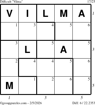 The grouppuzzles.com Difficult Vilma puzzle for Thursday February 5, 2026 with all 6 steps marked