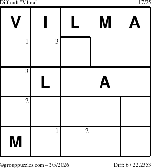 The grouppuzzles.com Difficult Vilma puzzle for Thursday February 5, 2026 with the first 3 steps marked
