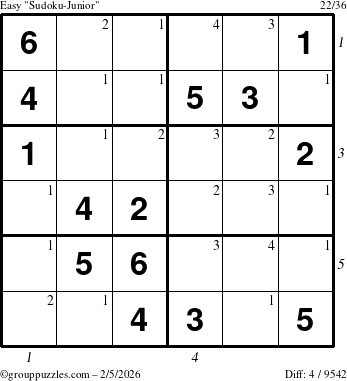 The grouppuzzles.com Easy Sudoku-Junior puzzle for Thursday February 5, 2026 with all 4 steps marked