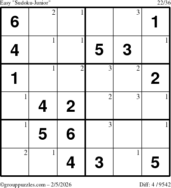 The grouppuzzles.com Easy Sudoku-Junior puzzle for Thursday February 5, 2026 with the first 3 steps marked
