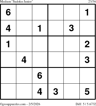 The grouppuzzles.com Medium Sudoku-Junior puzzle for Thursday February 5, 2026