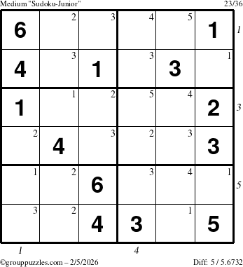 The grouppuzzles.com Medium Sudoku-Junior puzzle for Thursday February 5, 2026 with all 5 steps marked