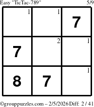 The grouppuzzles.com Easy TicTac-789 puzzle for Thursday February 5, 2026 with the first 2 steps marked